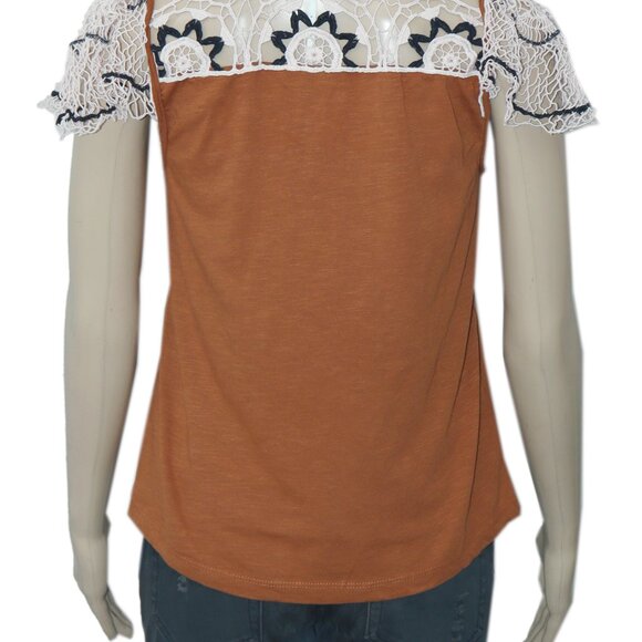 By Anthropologie Flutter Sleeve Top Crochet Embroidered Cedar S - Picture 6 of 7